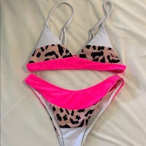 SHEIN pink leopard bikini set with thong bottoms.